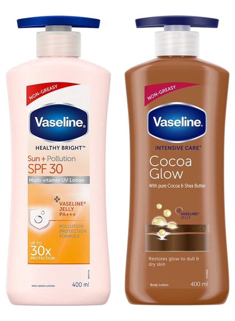 فازلين لوشن فازلين للعناية المركزة للجسم برائحة الكاكاو، 400 مل، ولوشن للجسم للحماية من الشمس والتلوث بعامل حماية من الشمس 30، 400 مل - Image 1